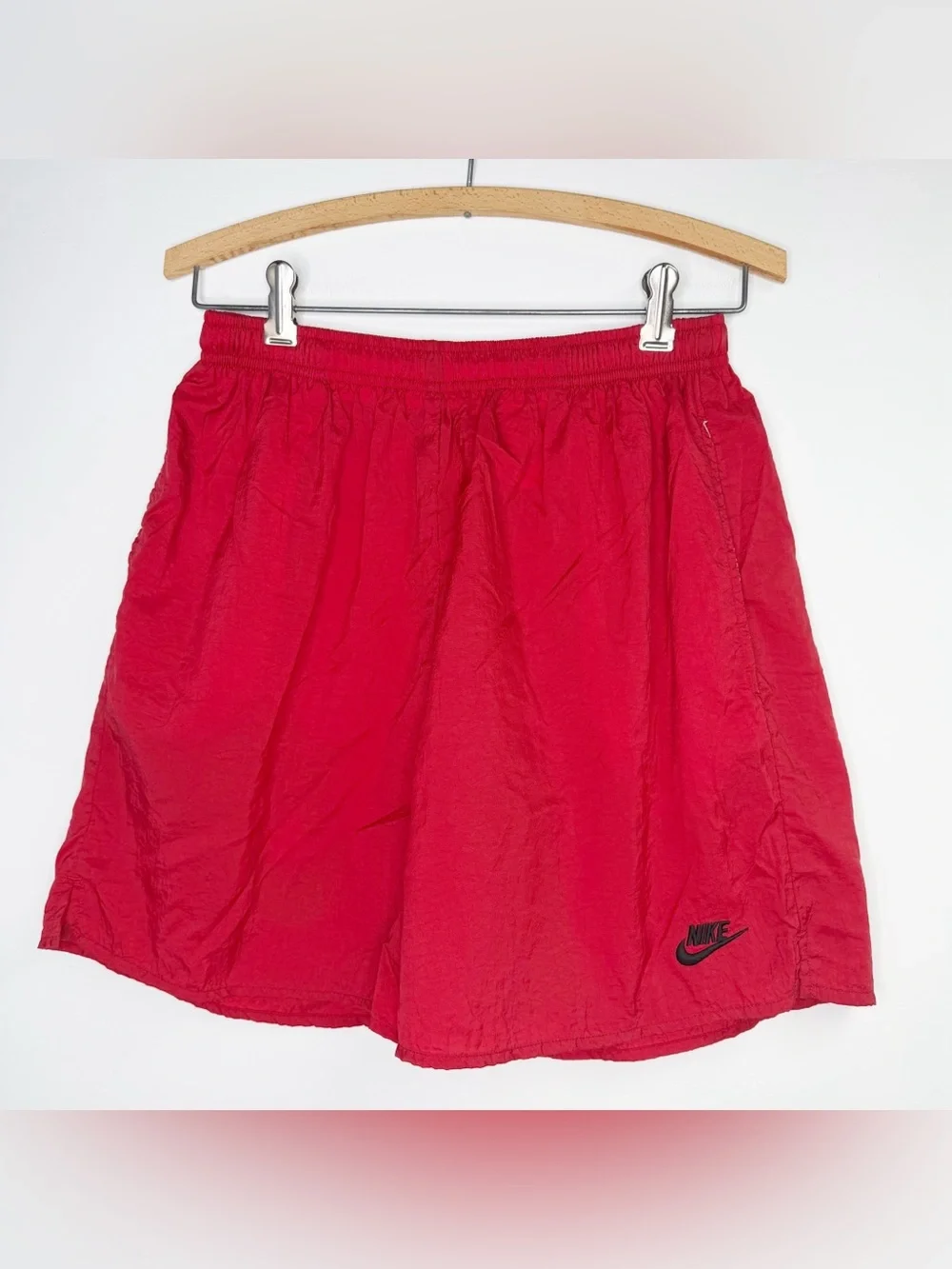 Vintage 90’s Red Nylon Shorts Pockets Embroidered Logo Size Medium‎